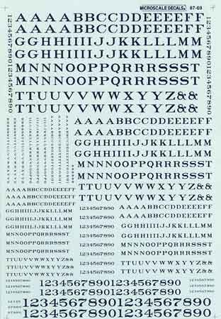 Microscale 90007 HO Blue Roman Railroad Alphabet & Numbers Decal Sheet
