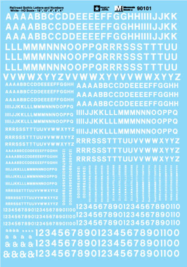 Microscale 70101 N White Gothic Railroad Alphabets & Numbers Decal Sheet