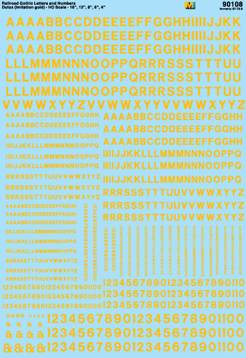 Microscale 90108 HO Gothic (Dulux Gold) Railroad Alphabets & Numbers Decal Sheet