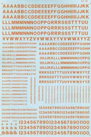 Microscale 90120 HO Scale Orange Railroad Gothic Alphabets & Numbers Decal Sheet