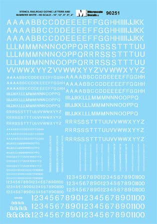 Microscale 90251 HO White Gothic Railroad Letters & Numbers Stencil Decal Sheet