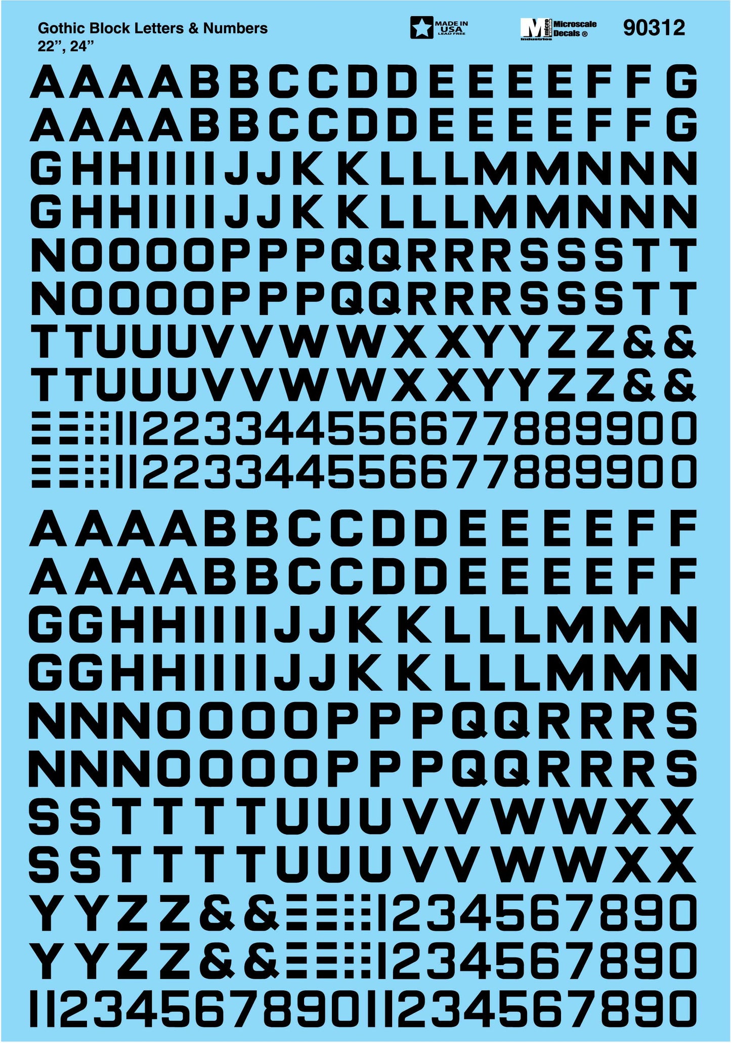Microscale 90312 HO Black 22", 24" Gothic Block Letters & Numbers Decal Sheet