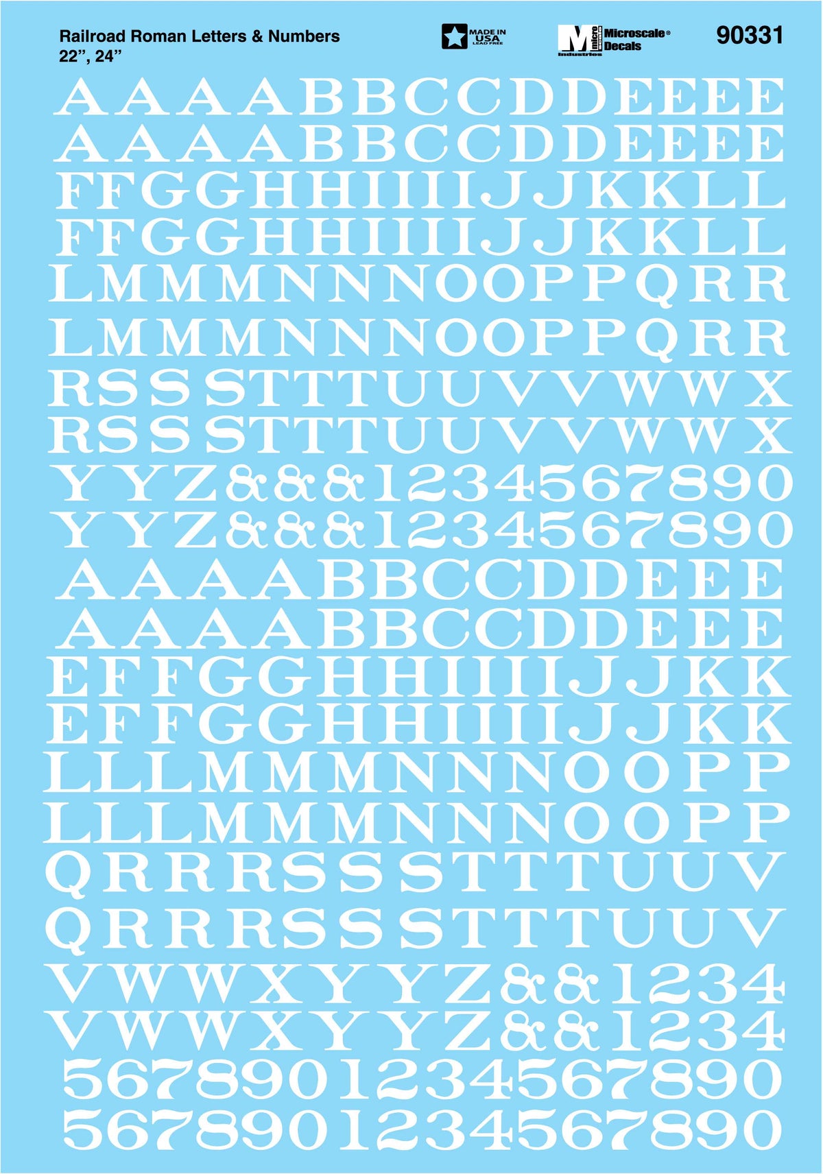 Microscale 90331 HO 22" & 24" Railroad Roman Letters & Numbers Decal Sheet