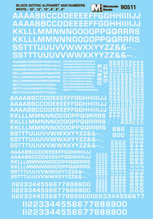 Microscale 90511 HO White Block Gothic Alphabets & Numbers Decal Sheet