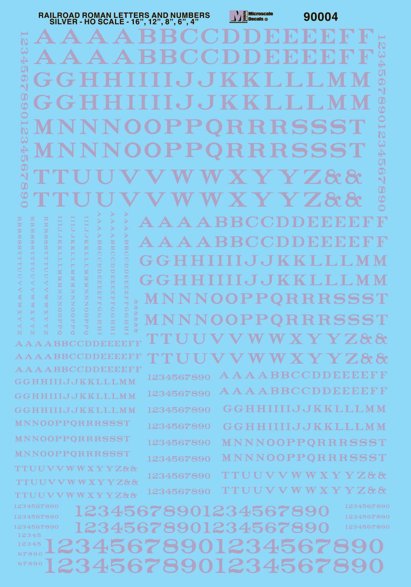Microscale 90004 HO Silver Roman Railroad Alphabet & Numbers Decal Sheet