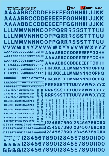 Microscale 90107 HO Blue Railroad Gothic Alphabets & Numbers Decal Sheet