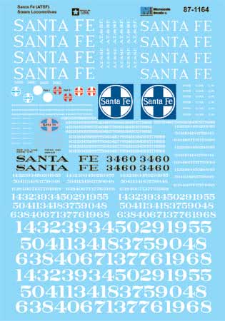 Microscale 87-1164 HO Santa Fe Steam Locomotives with White Letters Decal Sheet
