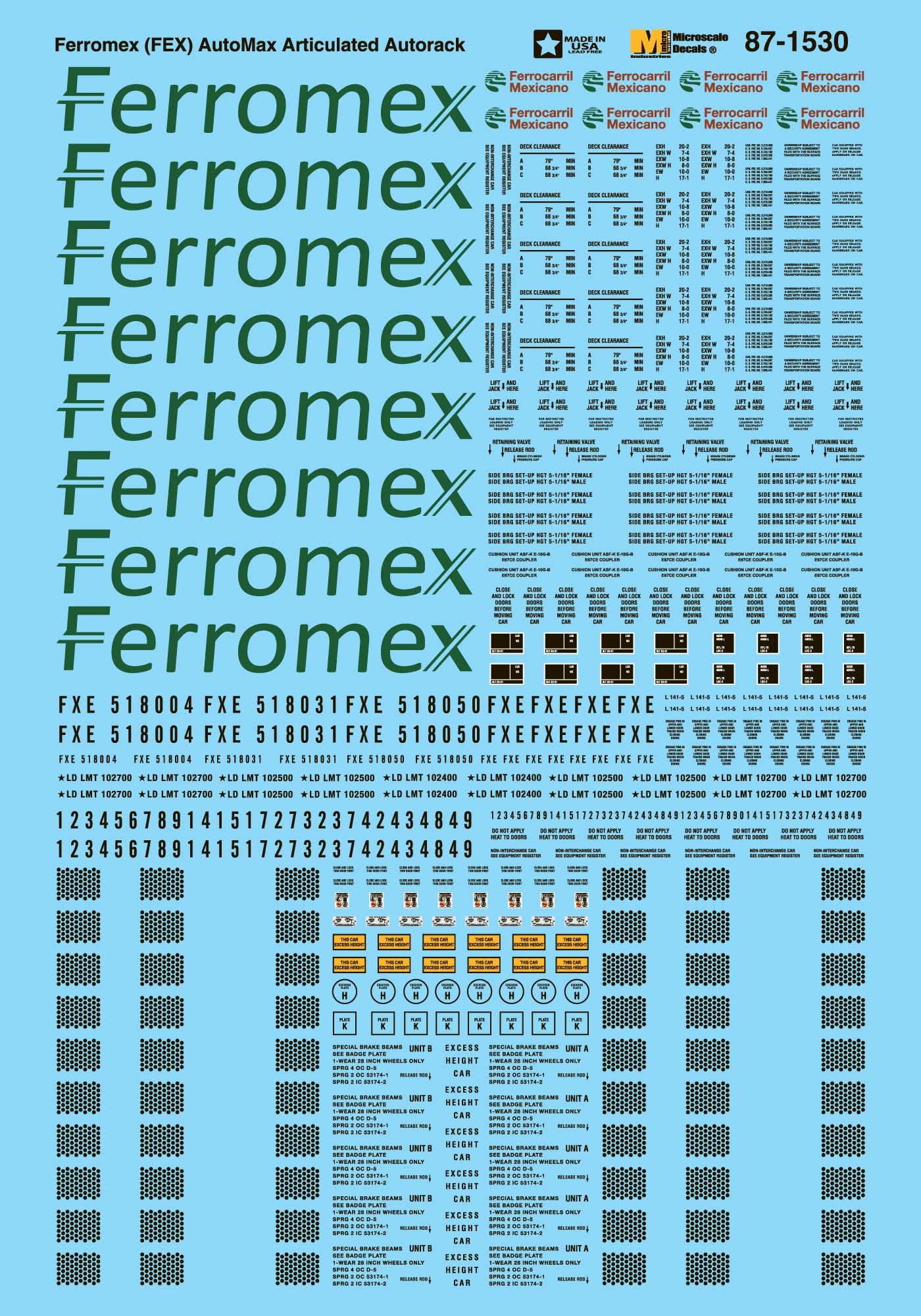 Microscale 87-1530 HO Ferromex Articulated Autorack Decal Sheet