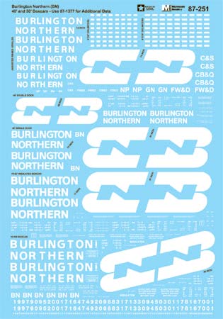 Microscale 87-251 HO 1970-1989 BN Assorted Freight Cars Decal Sheet