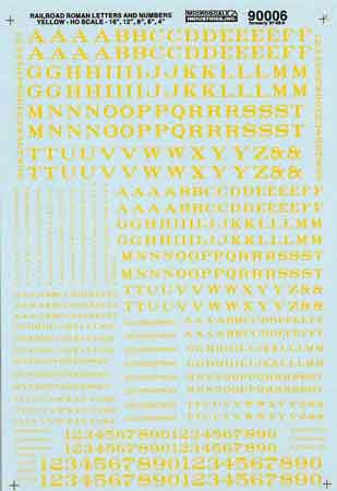 Microscale 90006 HO Yellow Railroad Roman Alphabet & Numbers Decal Sheet