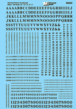 Microscale 90032 HO Black Condensed Roman Alphabet & Numbers Decal Sheet