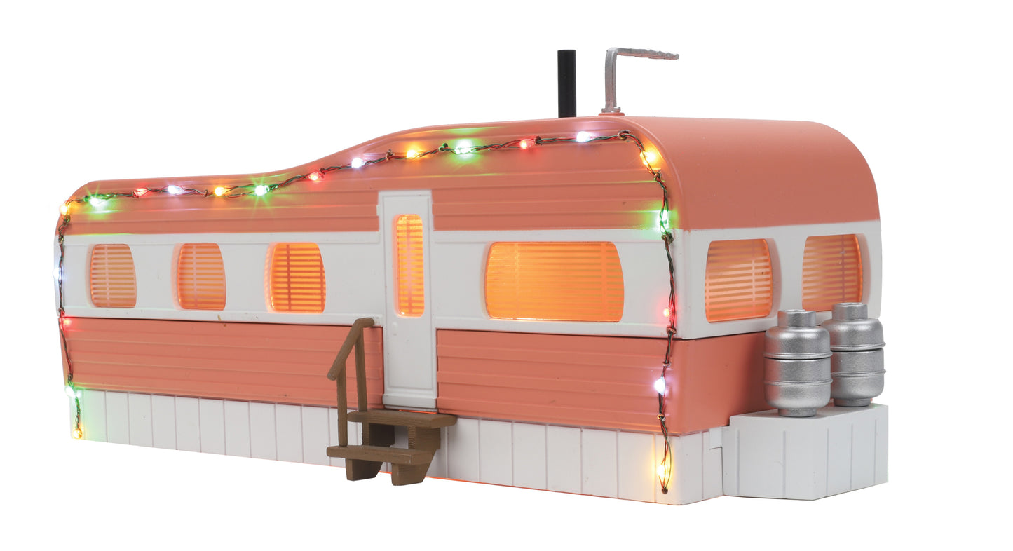 MTH 30-90579 O RailKing Stainless Mobile Home w/ LED Xmas Lights Salmon & White