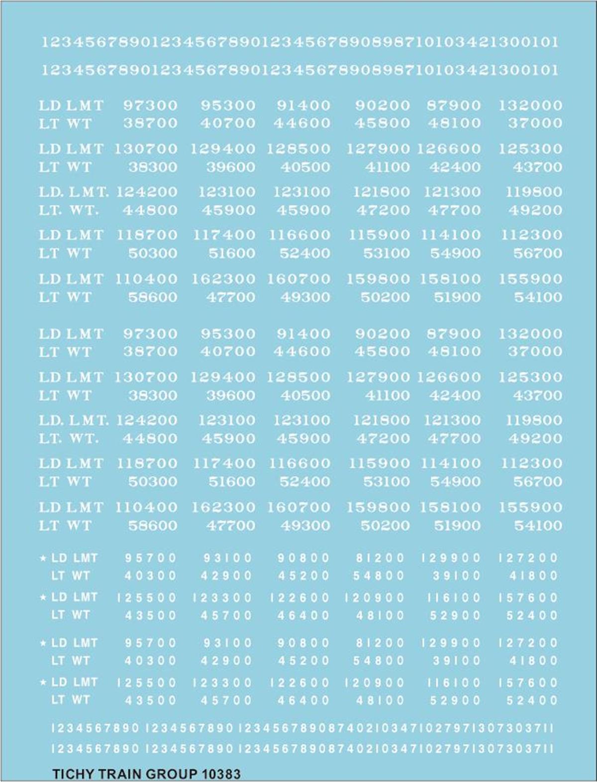 Tichy 10383 HO Load Limit & Light Weight Data White Lettering Decal