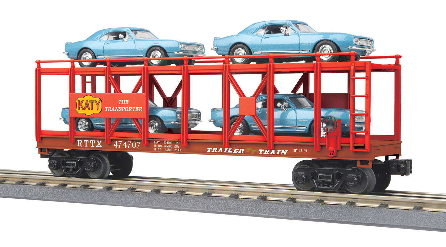 MTH 30-76791 O MKT Auto Carrier Flat Car with 4 '67 Chevy Camaro #474707