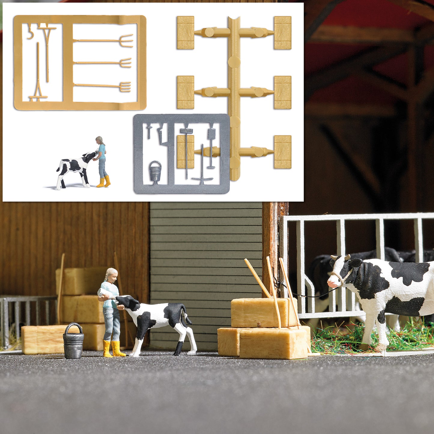 Busch 7932 HO Woman Feeding Calf with Milk Bottle Figure Set