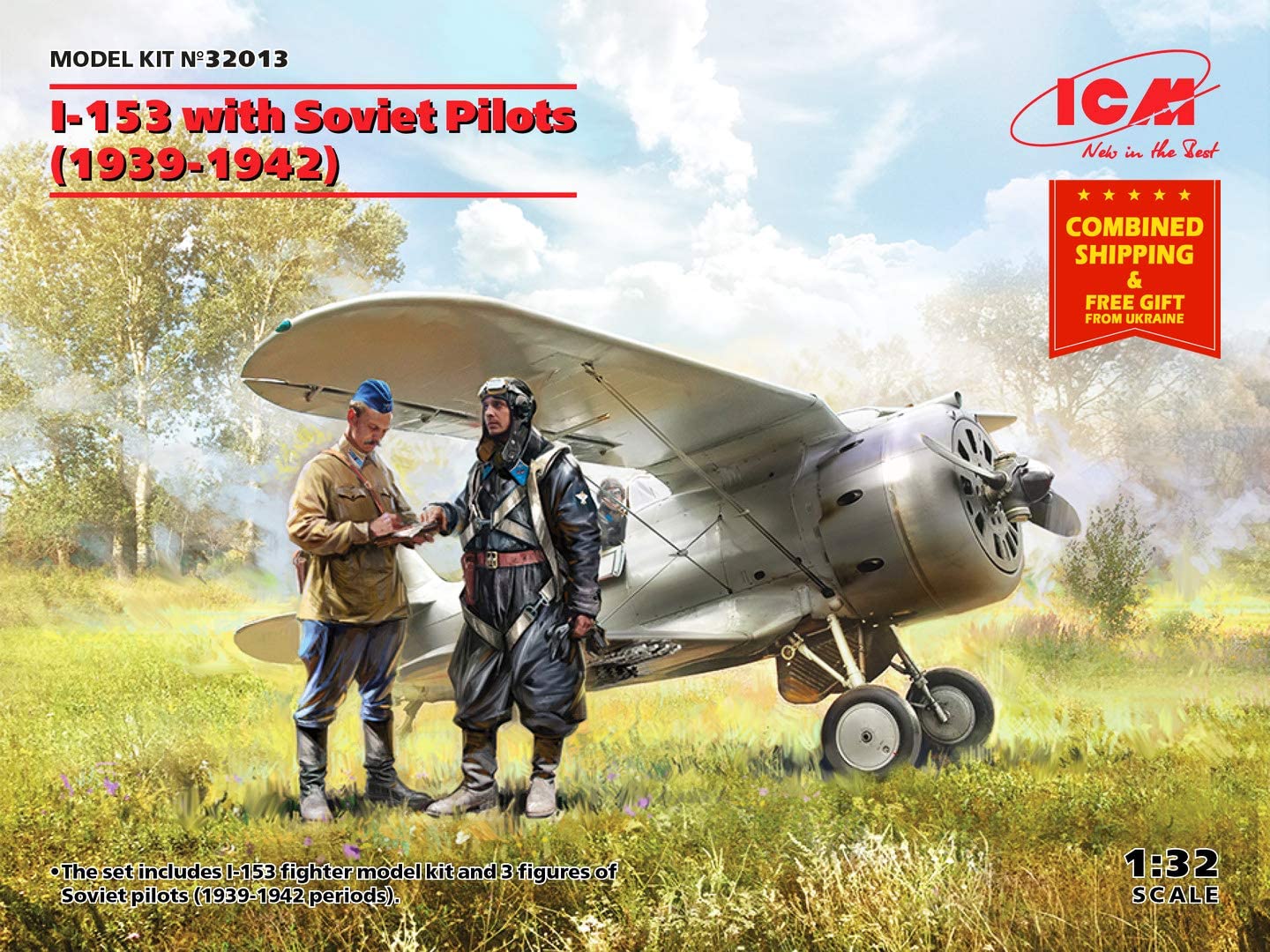 ICM 32013 1:32 Polikarpov I-153 with Pilots Military Aircraft Plane Model Kit