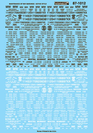 Microscale 87-1012 HO 1950+ MOW Generic Markings Gothic Lettering Decal Sheet