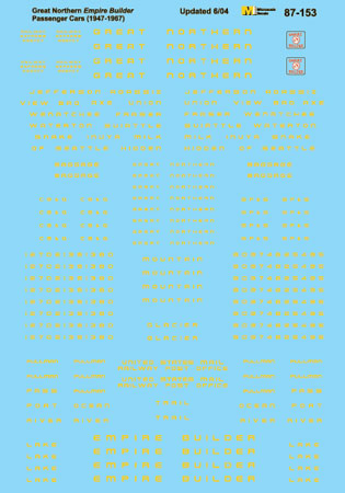 Microscale 87-153 HO 1950-60 GN Empire Builder Passenger Cars Decal Sheet