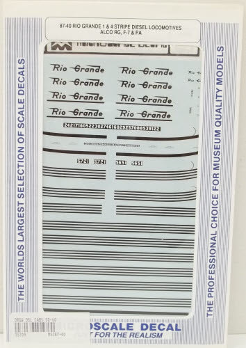 Microscale 87-40 HO Rio Grande 1 & 4 Stripe Diesel Loco Waterslide Decal Sheet