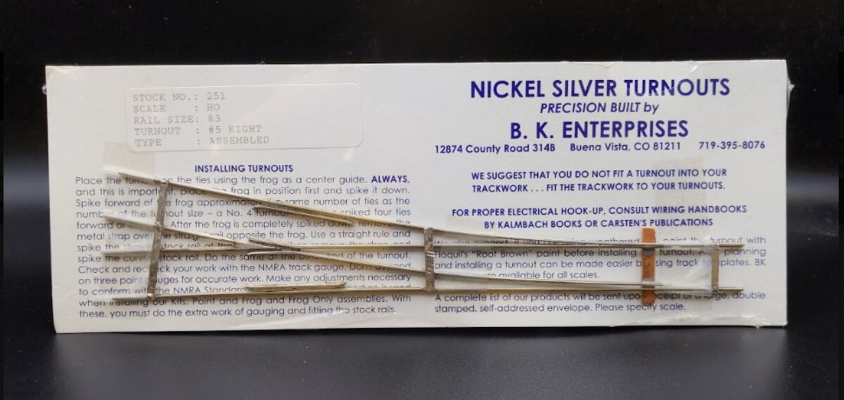 BK Enterprises 251 HO Scale Turnout #5 Right Hand Code 83 Nickel Silver