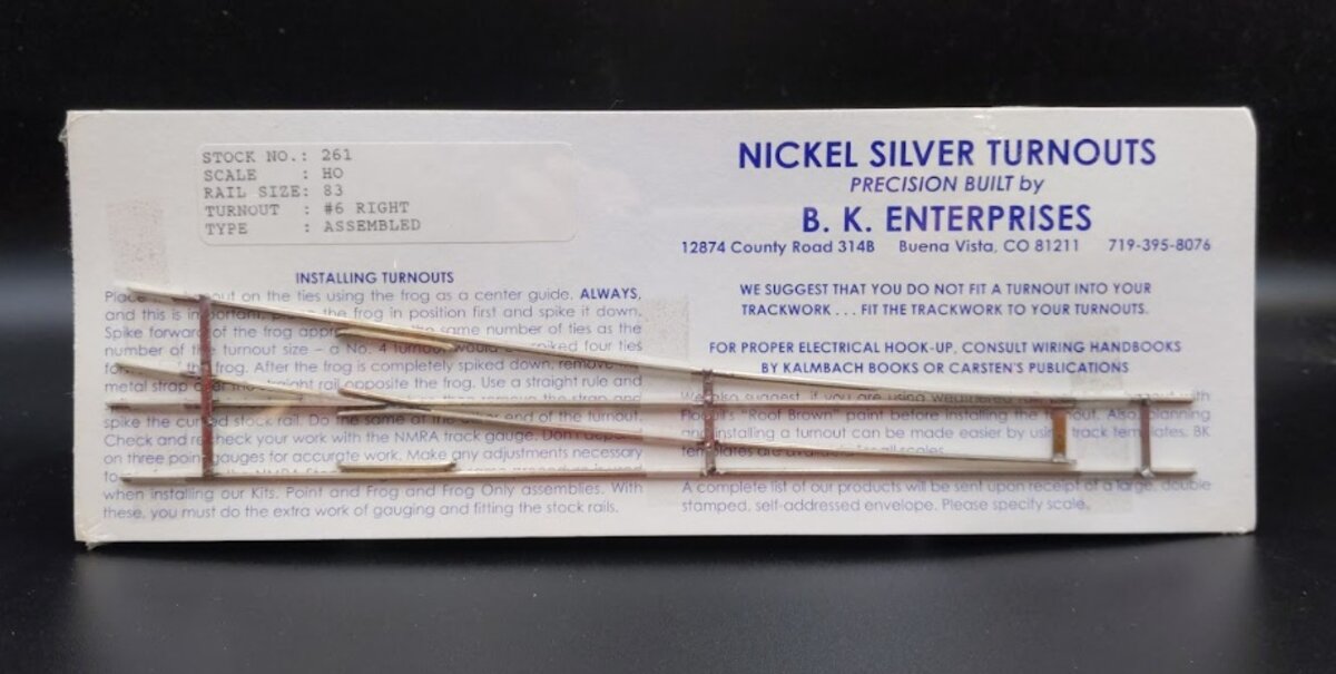 BK Enterprises 261 HO Scale Code 83 Nickel-Silver Turnout #6 Right Hand