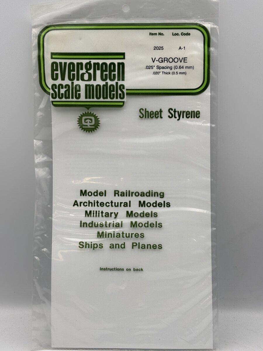 Evergreen Scale Models 2025 025" .009" x .025" x 6" x 12" Polystyrene V-Groove