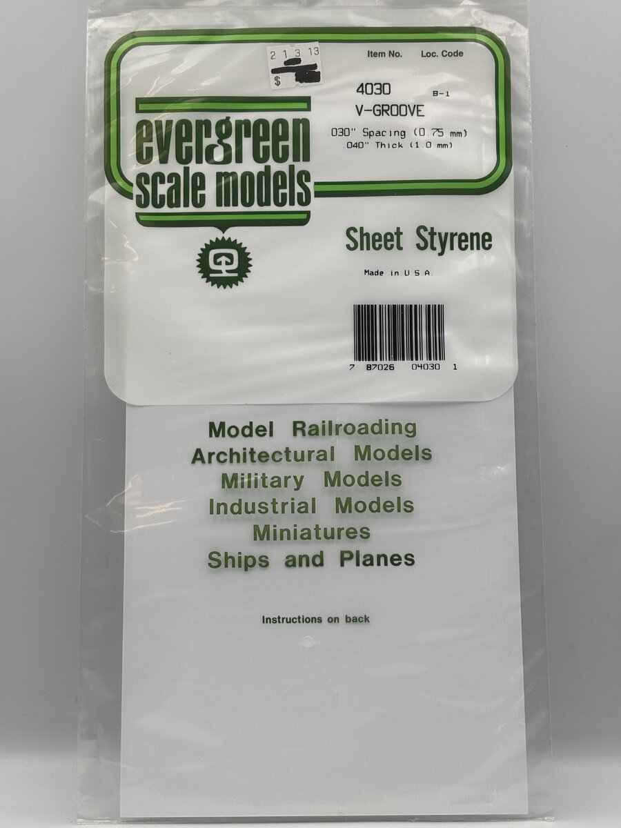 Evergreen Scale Models 4030 .010" x .030" x 6" x 12" Polystyrene V-Groove Siding