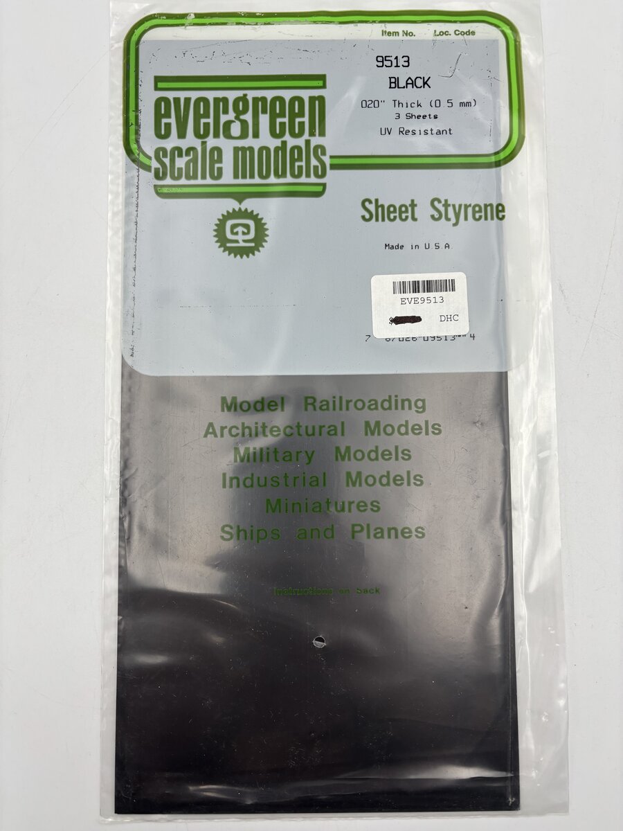 Evergreen Scale Models 9513 .020" x 6" x 12" Black Polystyrene (Pack of 3)