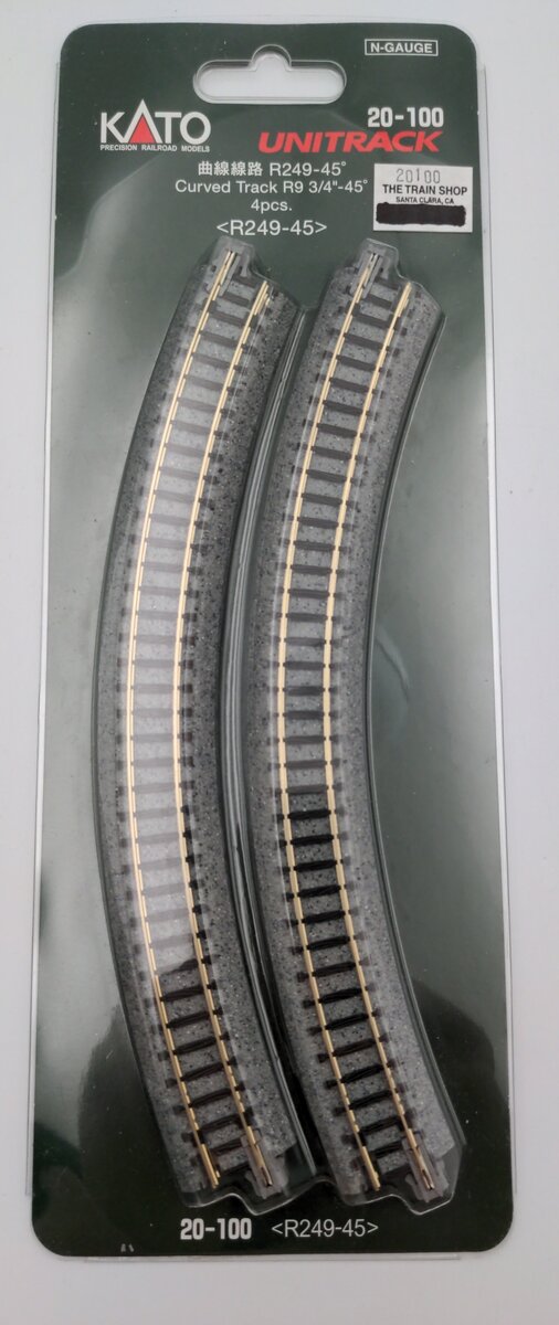 Kato 20-100 N Scale 9-3/4" Radius 45° Curved UniTrack (Pack of 4)
