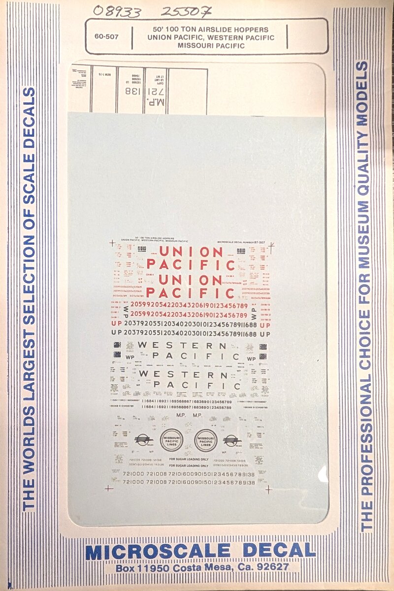 Microscale 60-507 N UP/WP/MP 50' 100 Ton Airslide Hoppers Decal Sheet