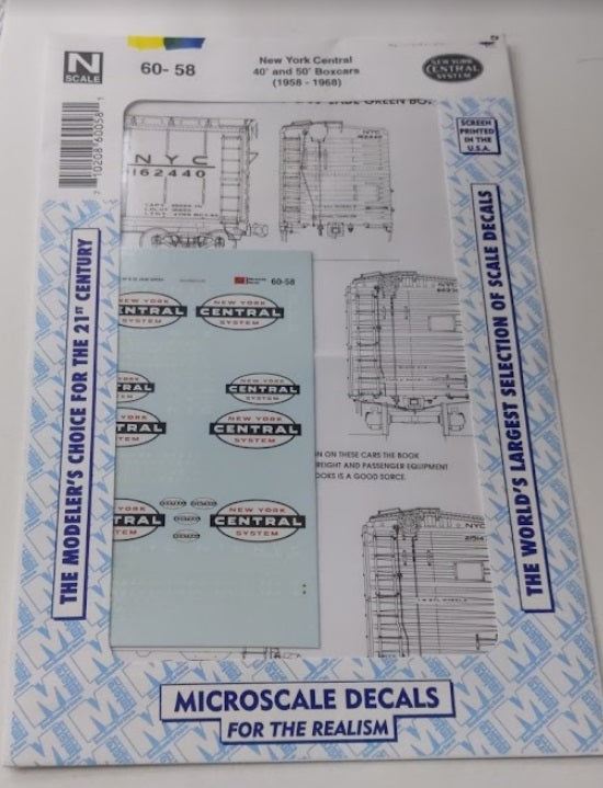Microscale 60-58 N 1958-1968 Assorted Freight 40' and 50' Boxcar Decal Sheet