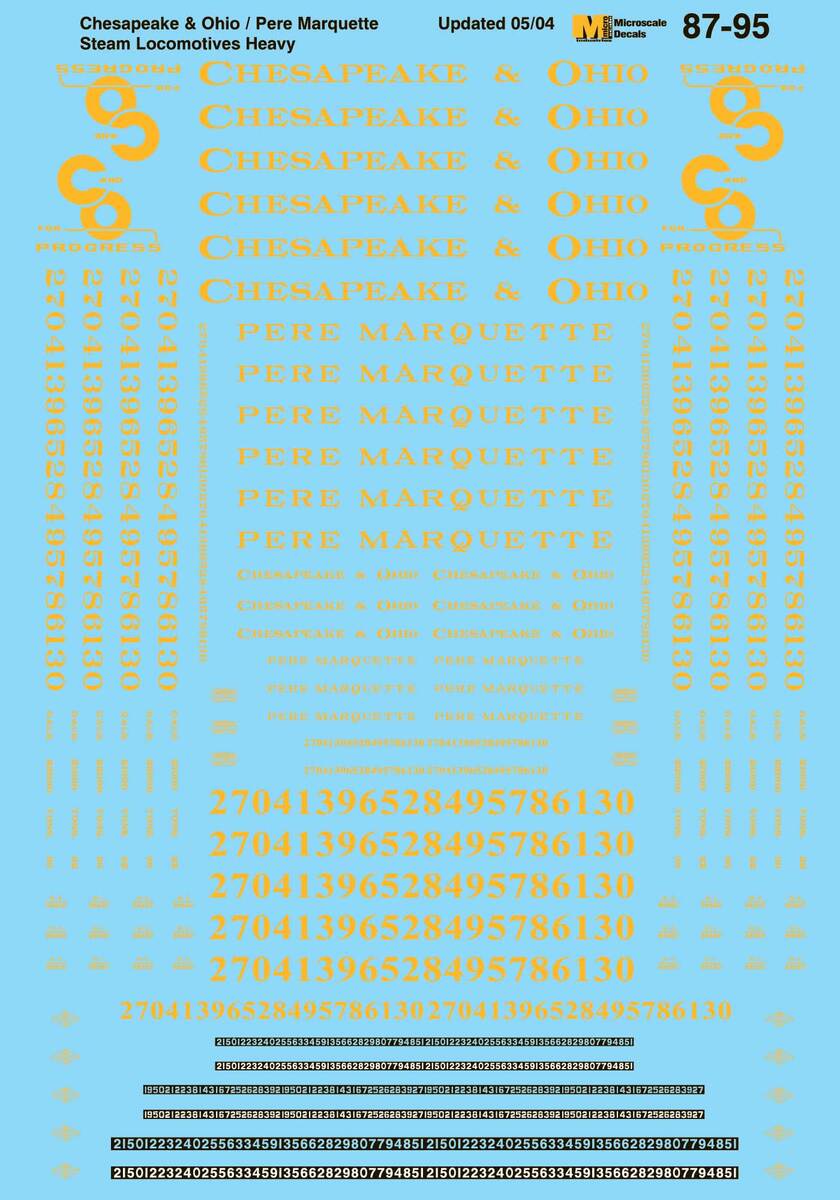 Microscale 60-95 N 1924-1961 Chesapeake & Ohio/Pere Marquette Steam Decal Sheet