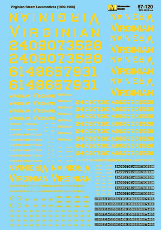 Microscale 87-120 HO '09-'60 Virginian Steam Locomotives Waterslide Decal Sheet