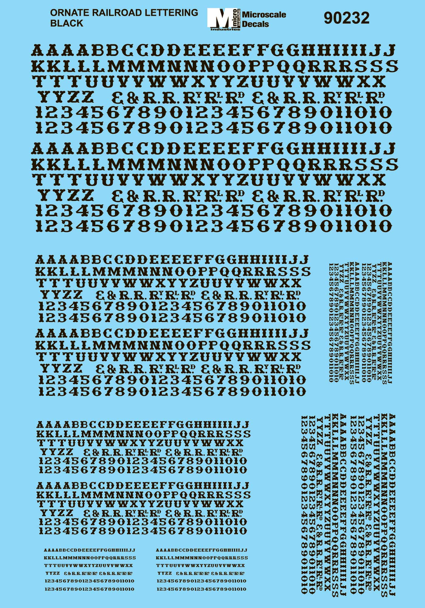 Microscale 90232 HO Ornate Black Railroad Letters and Number Decal Sheet