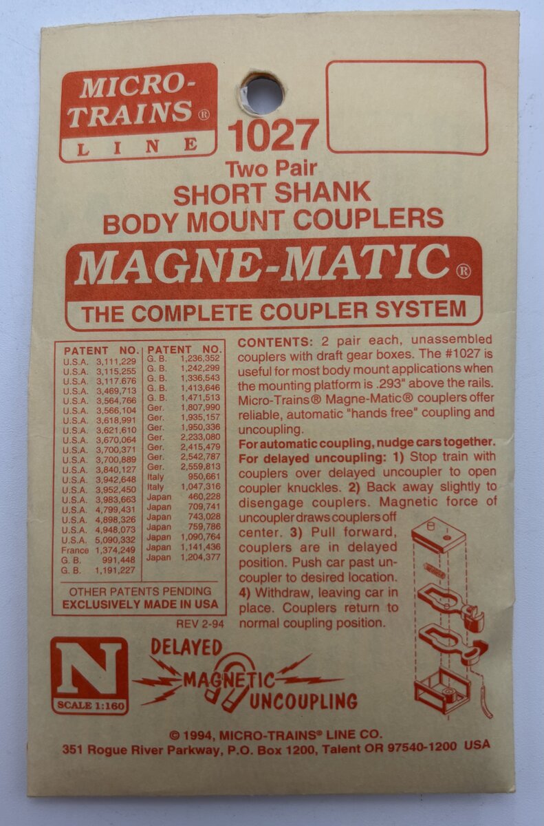 MicroTrains 00102014 (1027) N Unassembled Short Shank Body Mount Couplers