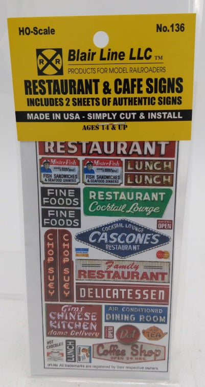 Blair Line 136 HO Restaurant & Cafe Storefront Signs Sheet (Pack of 2)