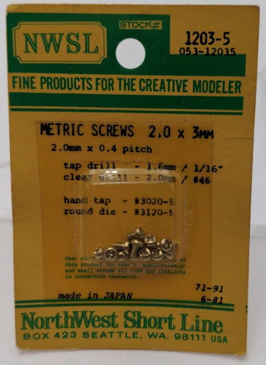 Northwest Short Line 1203-5 2 x .4 x 3mm Nickel-Plated Pan Head Metric Screws