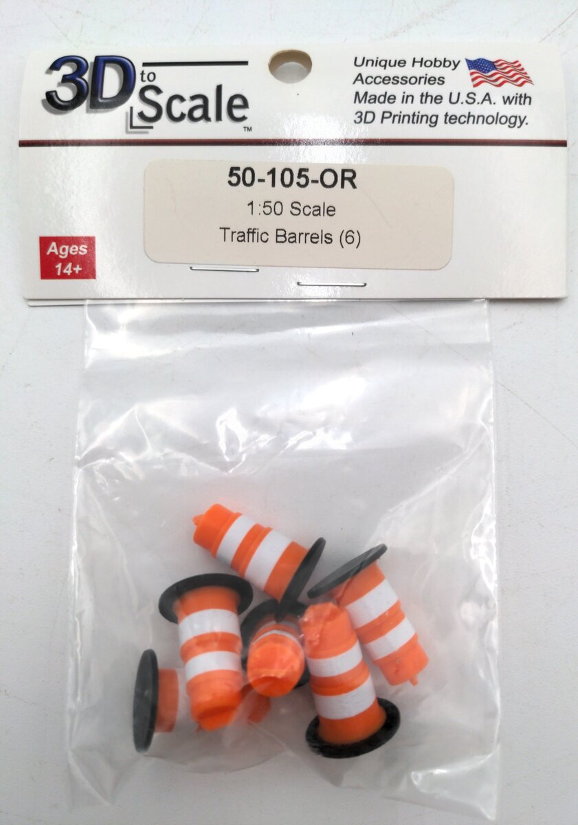 3D to 50-105-OR 1:50 Orange & White Traffic Barrels (Pack of 6)