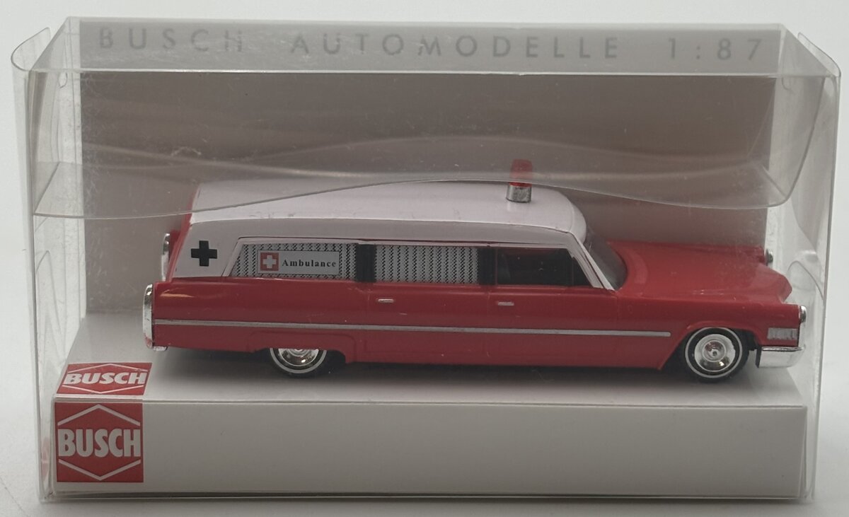 Busch 42908 HO 1:87 Scale Red & White Cadillac Wagon Ambulance