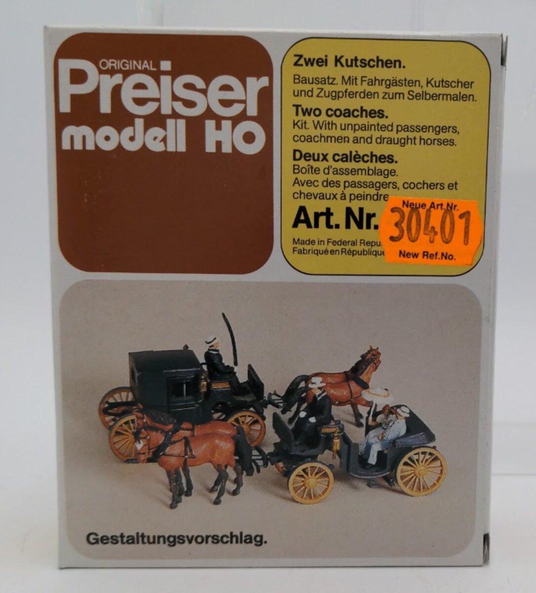 Preiser 30401 HO Scale Coaches With Horses & Figures Plastic Model Kit