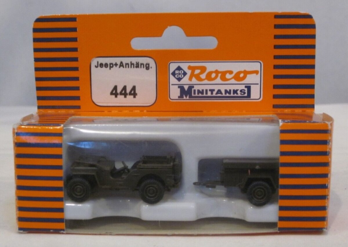 Roco 444 HO MiniTanks Green Willys Jeep 0,25 T 4X4 W/M100 Trailer