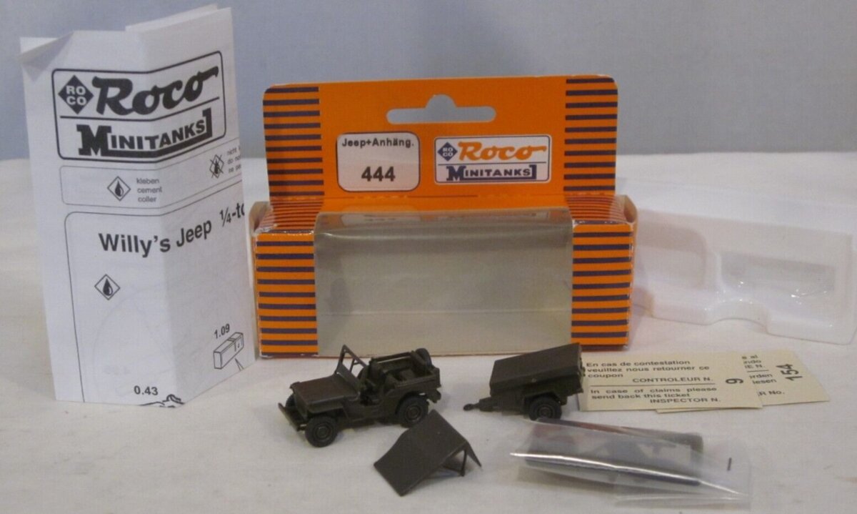 Roco 444 HO MiniTanks Green Willys Jeep 0,25 T 4X4 W/M100 Trailer