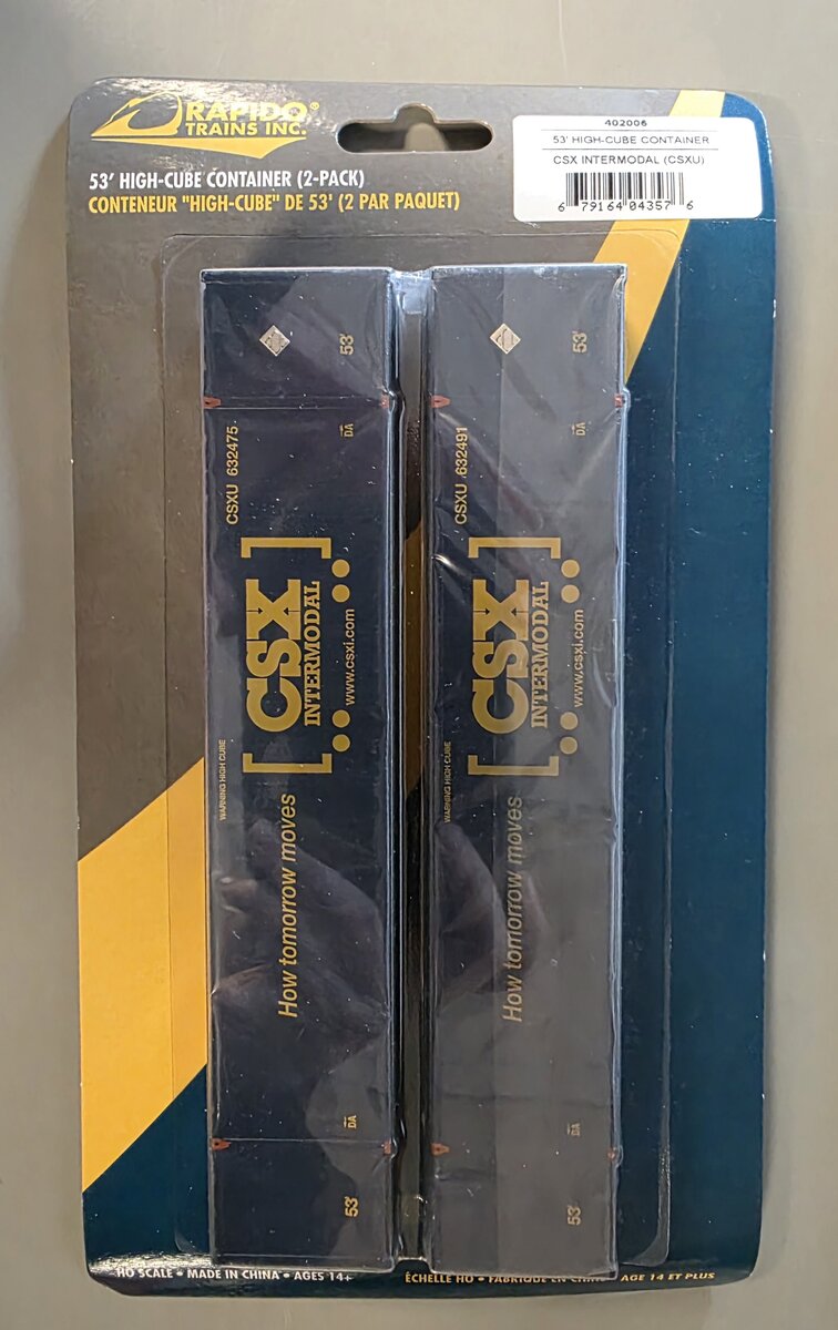 Rapido Trains 402006 HO 53'High Cube Container, CSXU/CSX/Intermodal (Pack of 2)