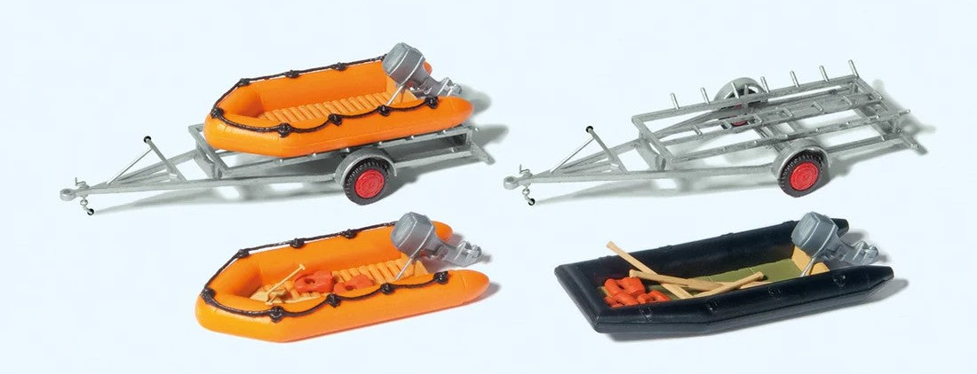 Preiser 17312 HO Rubber Dinghy Boats & Trailers Plastic Model Kit (Set of 4)
