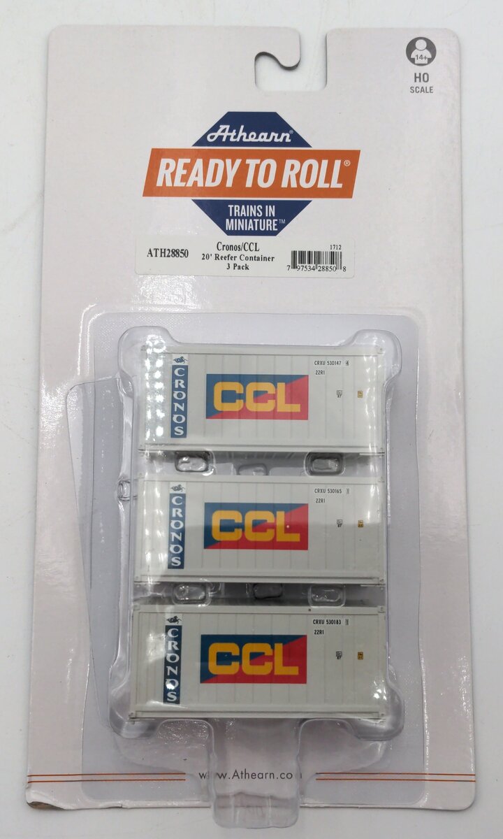 Athearn 28850 HO RTR 20' Reefer Container, Cronos/CCL (3)