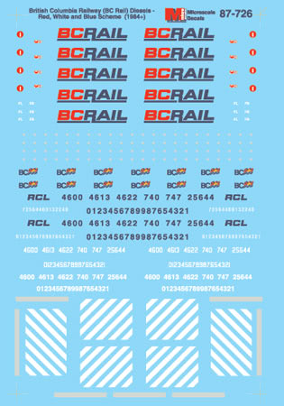 Microscale 87-726 HO Red White & Blue Scheme 1984+ BC Rail Loco Decal Sheet