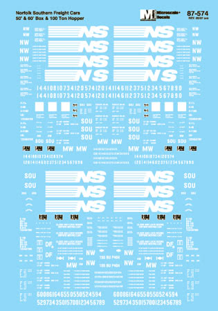 Microscale 87-574 HO NS Freight 50'' & 60'' Box Cars & 100-Ton Hopper Decal Shee