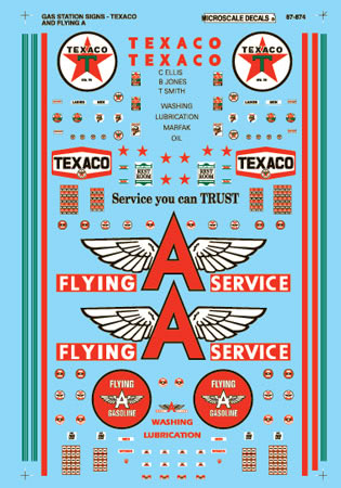 Microscale 87-874 HO 1949-1960 Texaco & Flying A Gas Station Signs Decal Sheet