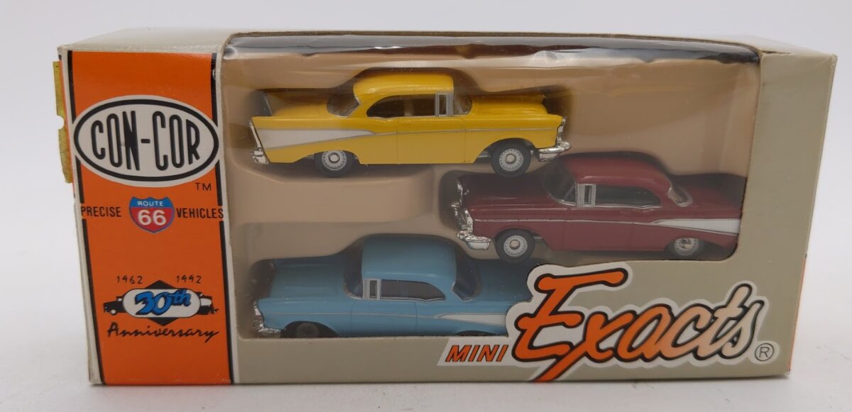Con-Cor 0004-004001 HO Mini Exacts 1957 Chevrolet Car Red/Yellow/Blue(Pack of 3)