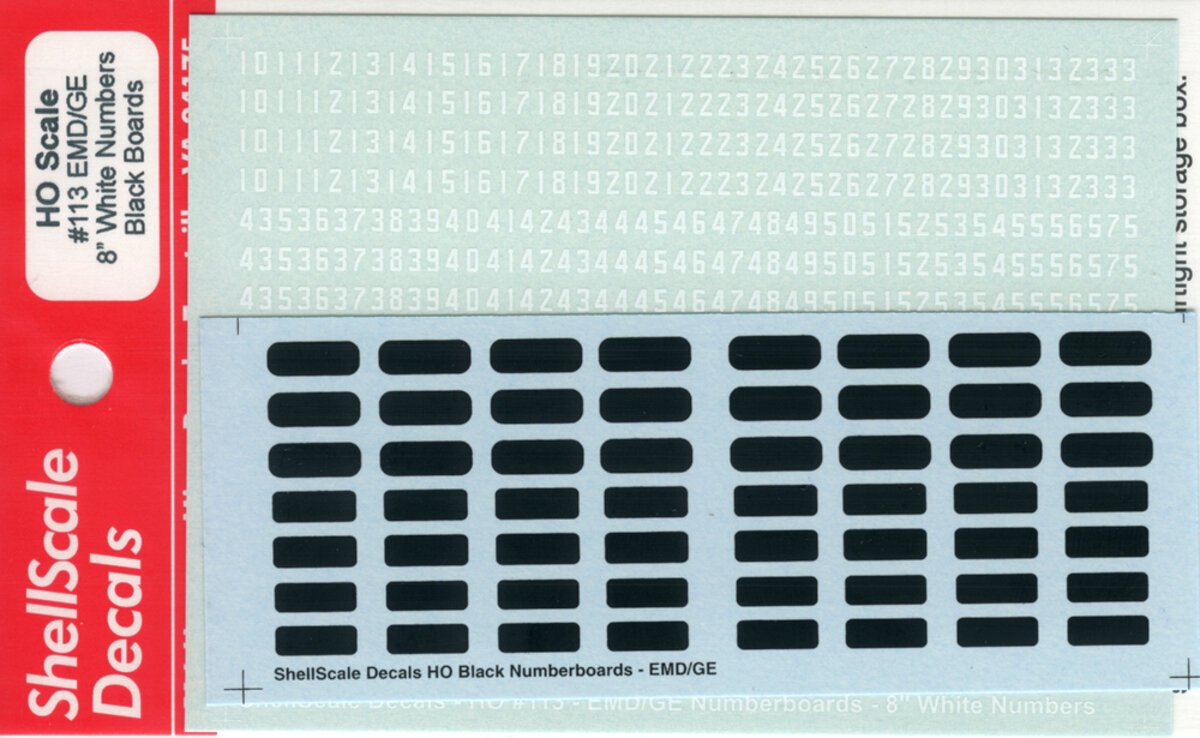 Shell Scale 113 HO Scale EMD/GE Style 8" White Numbers Black Boards Decals